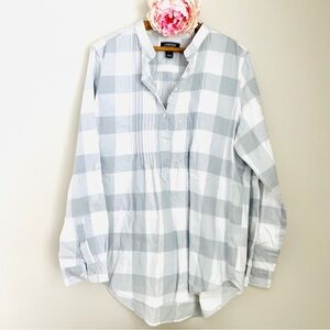 Lands' End Light Gray White Buffalo Plaid Cotton Shirt 14